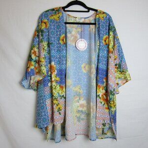 Umgee Blue Floral Geometric Print Kimono Cover-Up Women's Large NWT